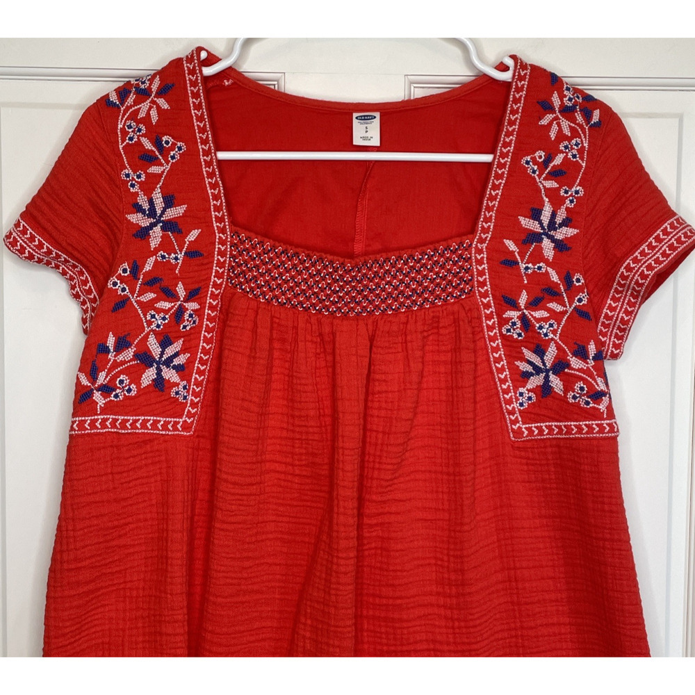 Old Navy Women's Embroidered Dress Sz S Cotton Gauze Boho Coastal Peasant Aztec - Picture 2 of 12